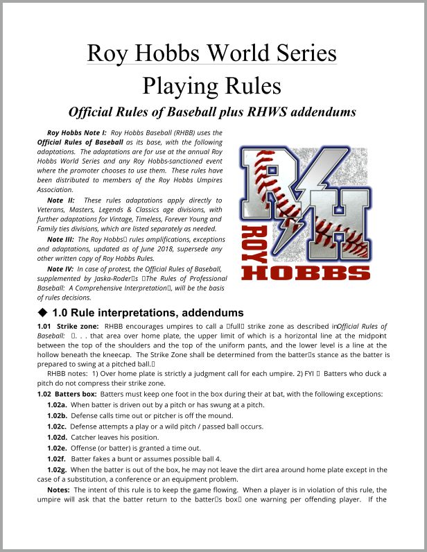 RHWS Rules and Guidelines Roy Hobbs Baseball