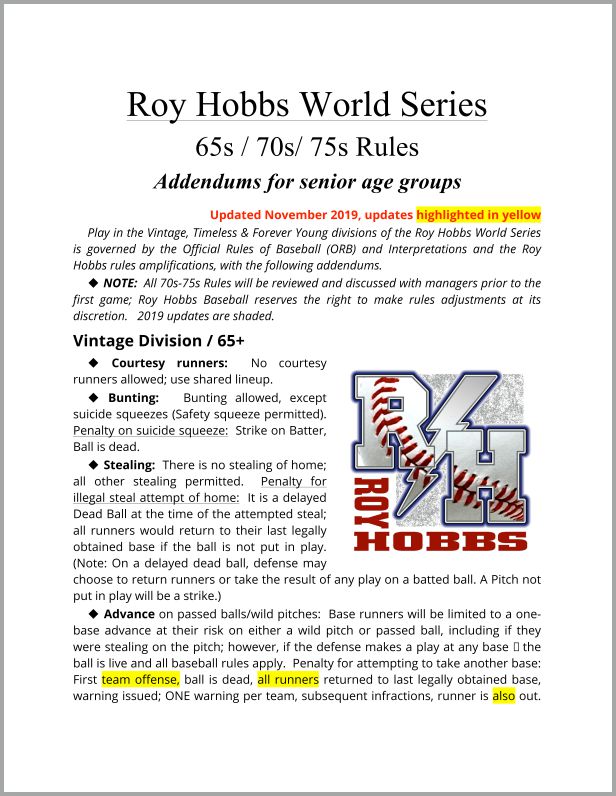 Sunshine Classic Rules Roy Hobbs Baseball