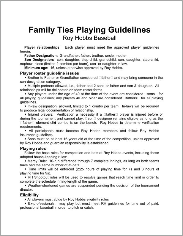 Sunshine Classic Rules Roy Hobbs Baseball