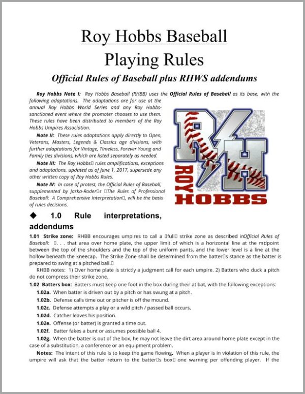 Sunshine Classic Rules Roy Hobbs Baseball