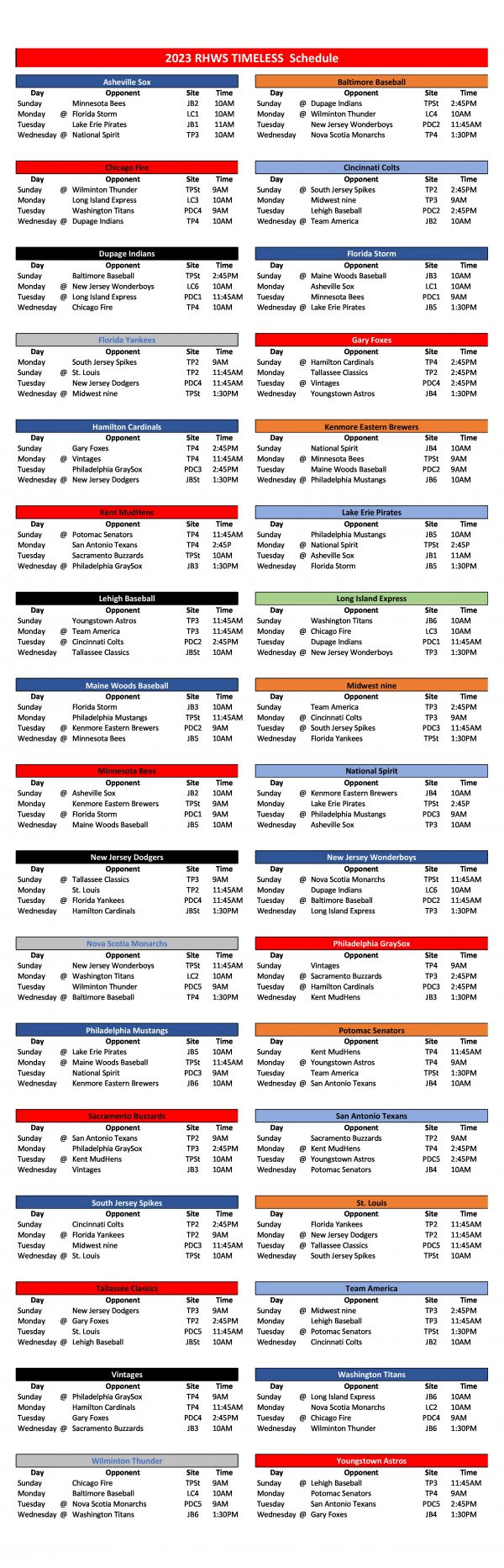 RHWS 34 Timeless Schedule Results and Standings Roy Hobbs Baseball